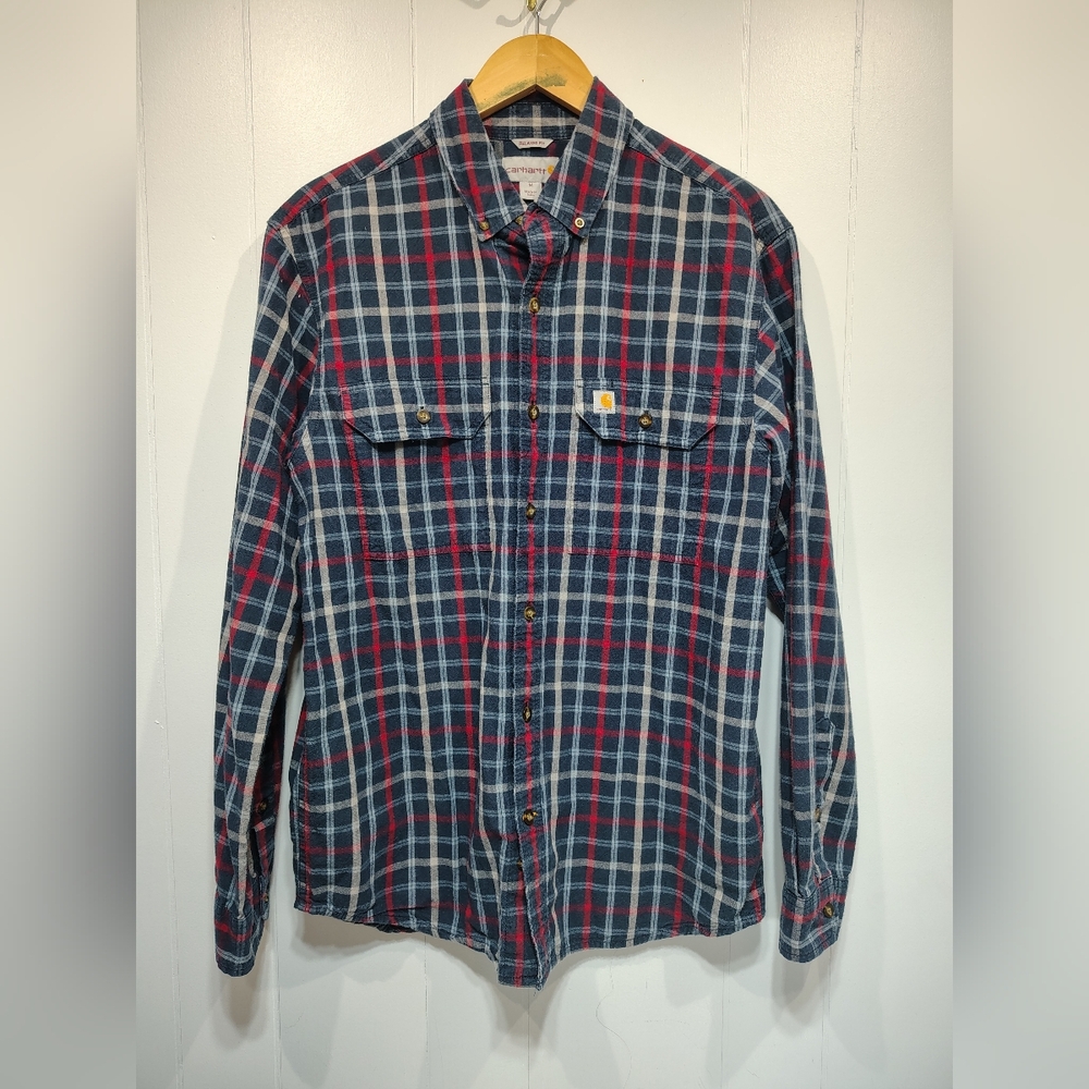 Carhartt Plaid Button Up Shirt Mens M Relaxed Fit‎ Blue Red Workwear Cotton
